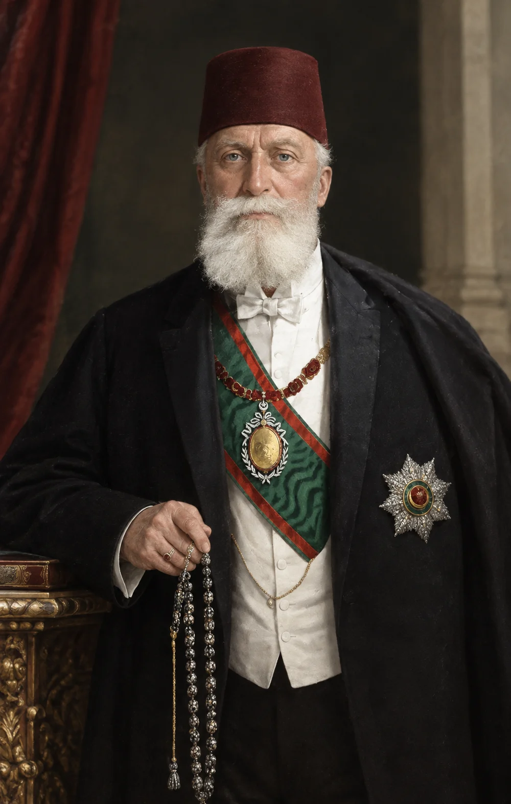 AI-generated impression of Abdülmecid II as an elderly man with a white beard, wearing a maroon fez and a black cloak over evening dress with a sash and a star-shaped decoration on his chest, holding a string of prayer beads