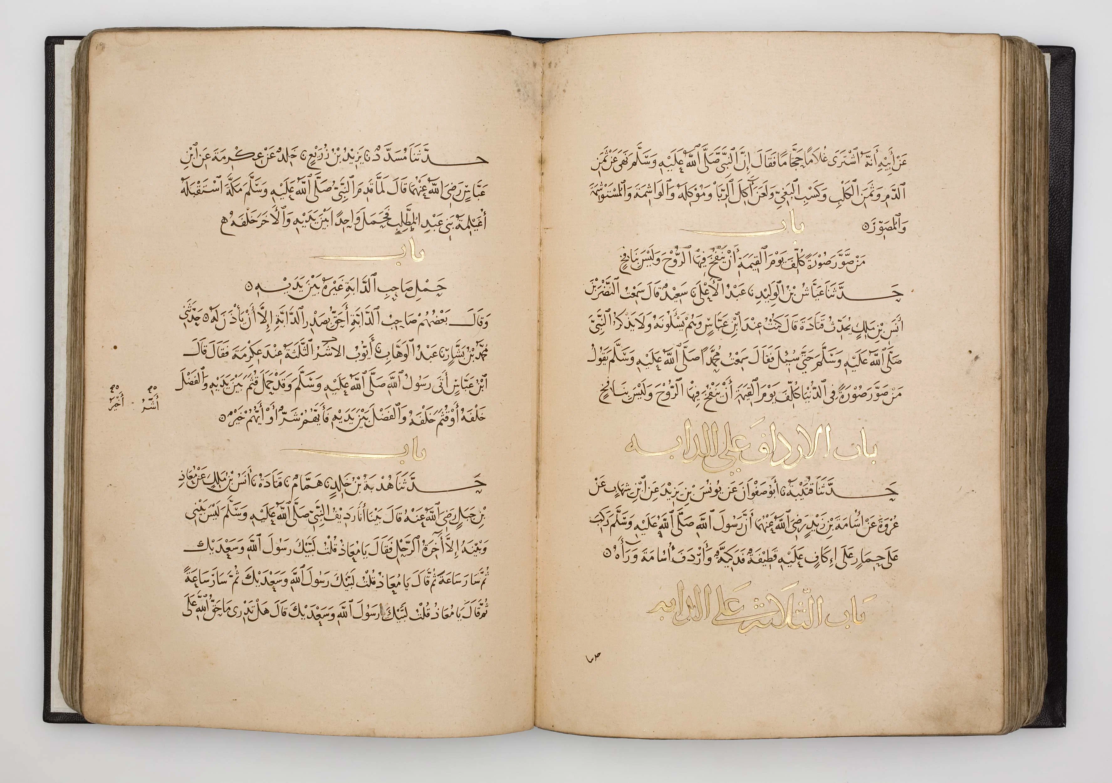 An open manuscript volume showing two facing pages of Arabic text written in brown ink, with chapter headings picked out in gold and small gold rosettes separating the reports, the leaves worn and darkened at the edges