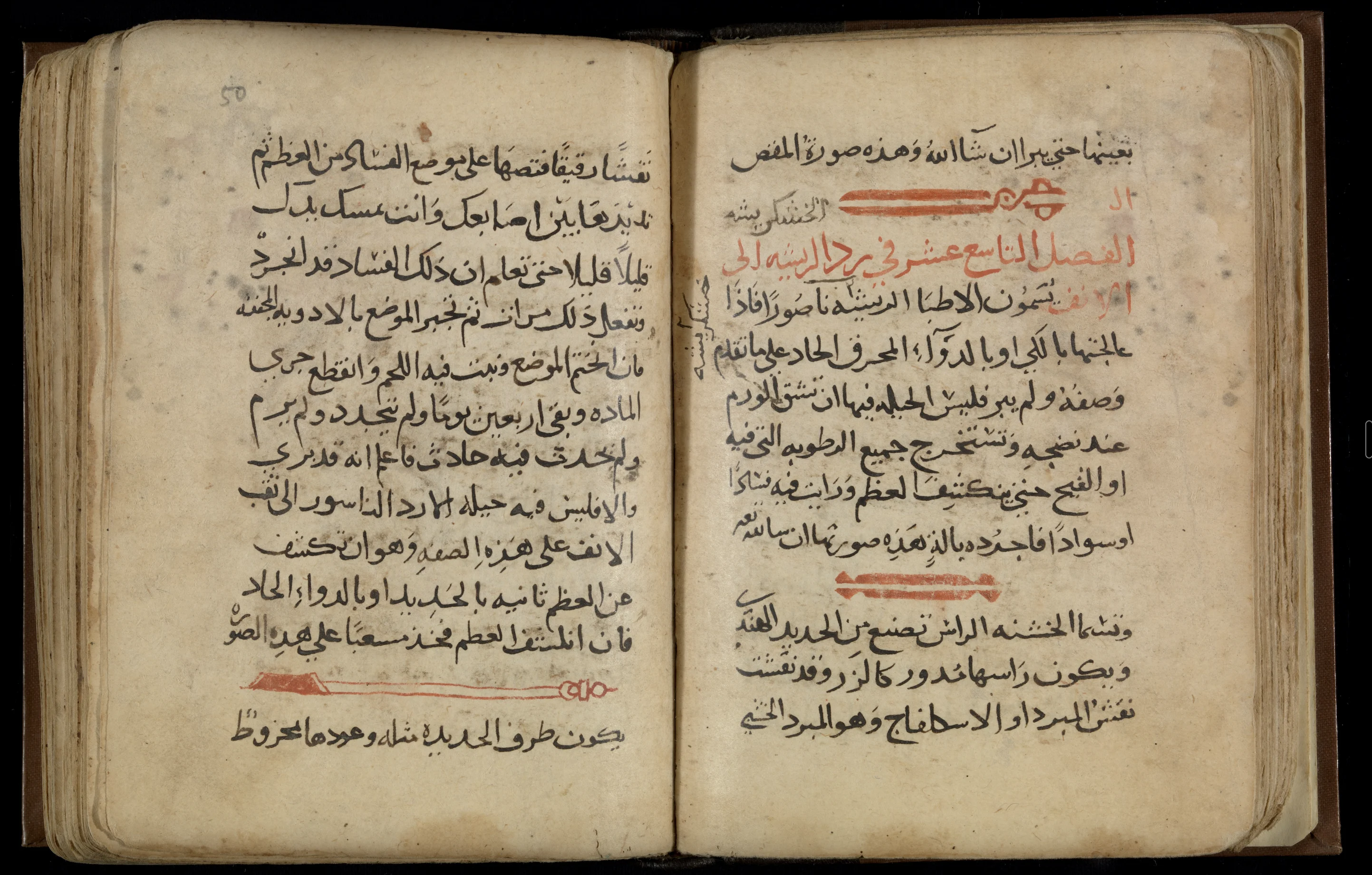 Two facing pages of an Arabic manuscript, written in black naskh script with headings and dividing lines in red, the volume open flat in a brown leather binding and photographed against a dark ground