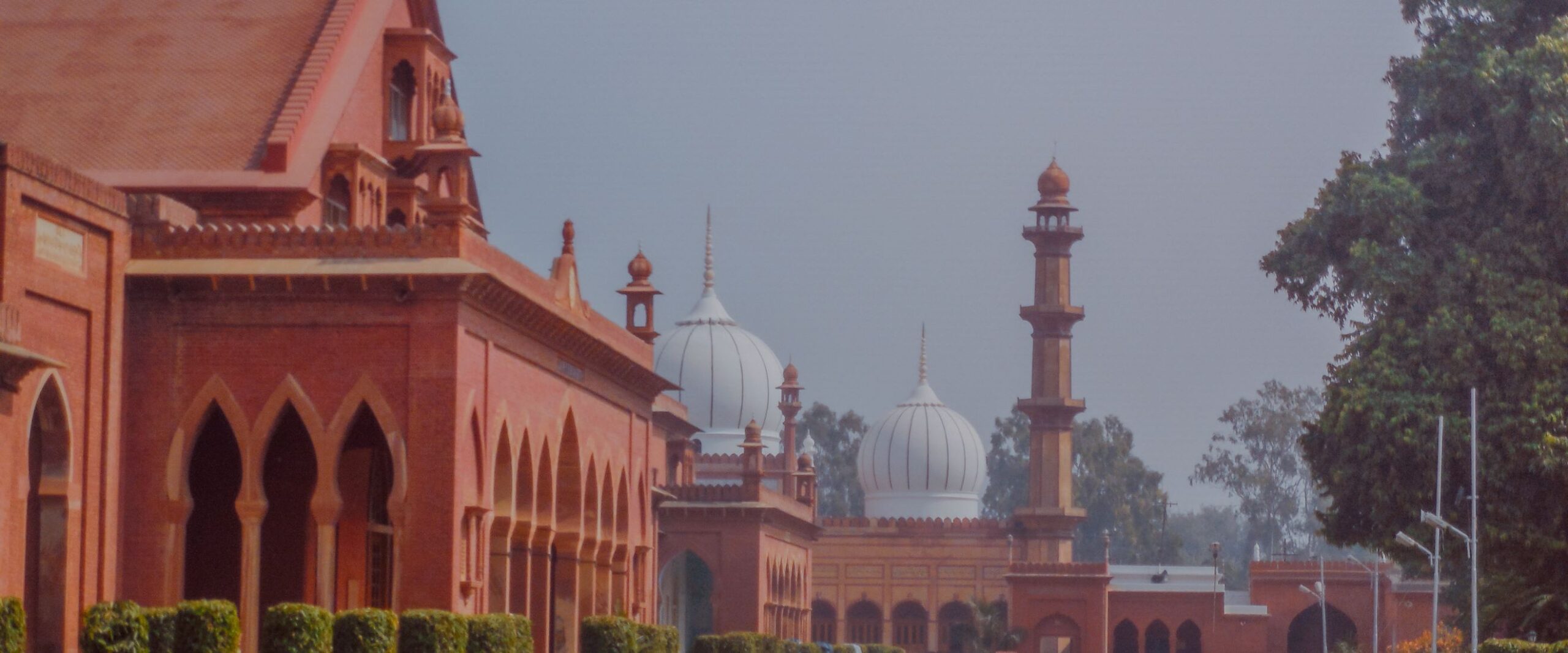 Red-sandstone Indo-Saracenic buildings on the Aligarh Muslim University campus, with pointed arcades in the foreground and white ribbed domes and a slender minaret rising behind, framed by trees