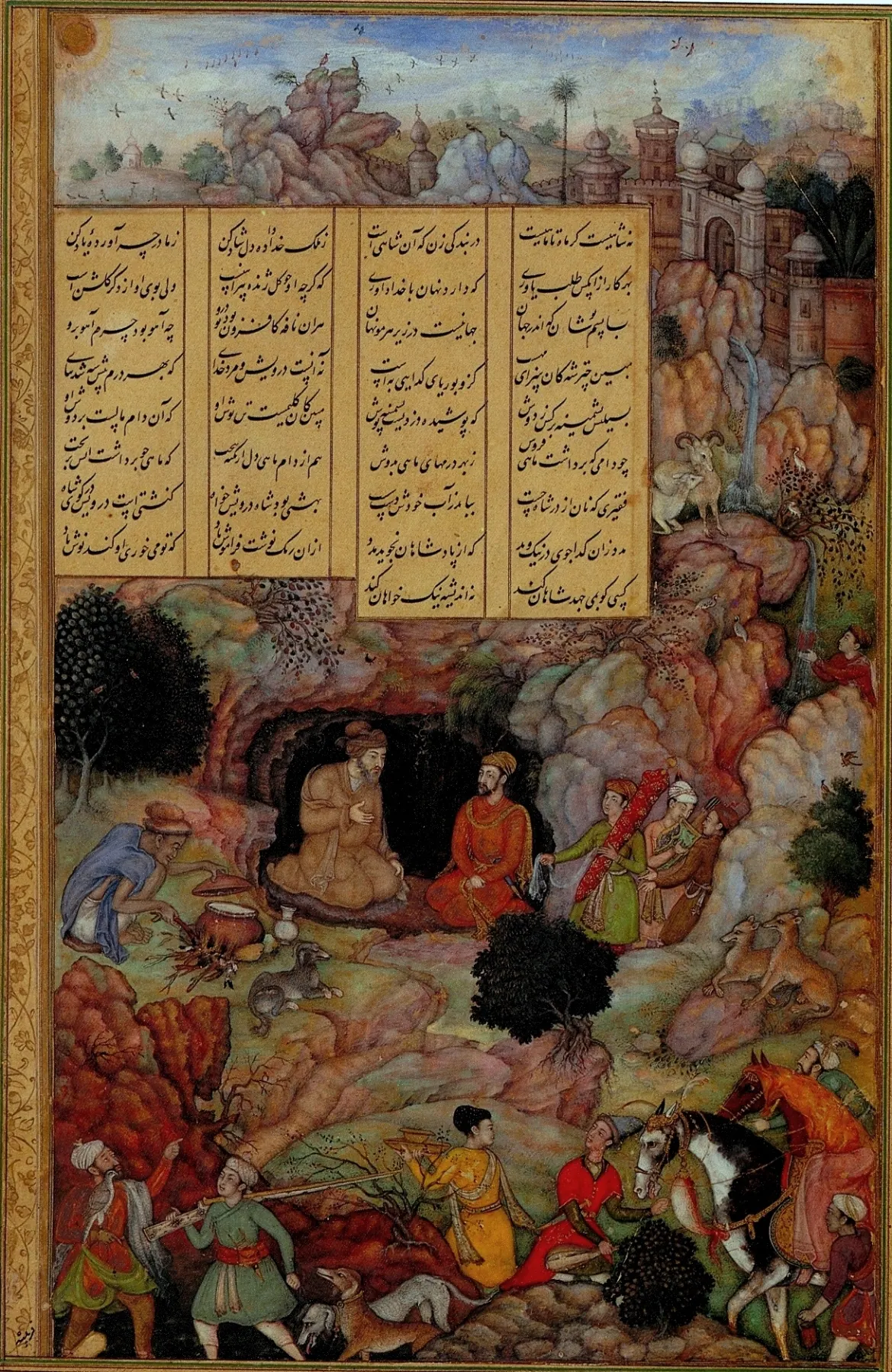 A painted manuscript page. Above, four columns of Persian verse on buff paper beside a walled hillside town with white domes and a tall gateway. In the middle, a bearded man in a brown robe and turban sits in a rocky cave facing a man in an orange robe and gold turban, with three attendants beside them and a cook at a fire outside. Below, huntsmen with dogs, a long-barrelled gun, a falcon and horses.