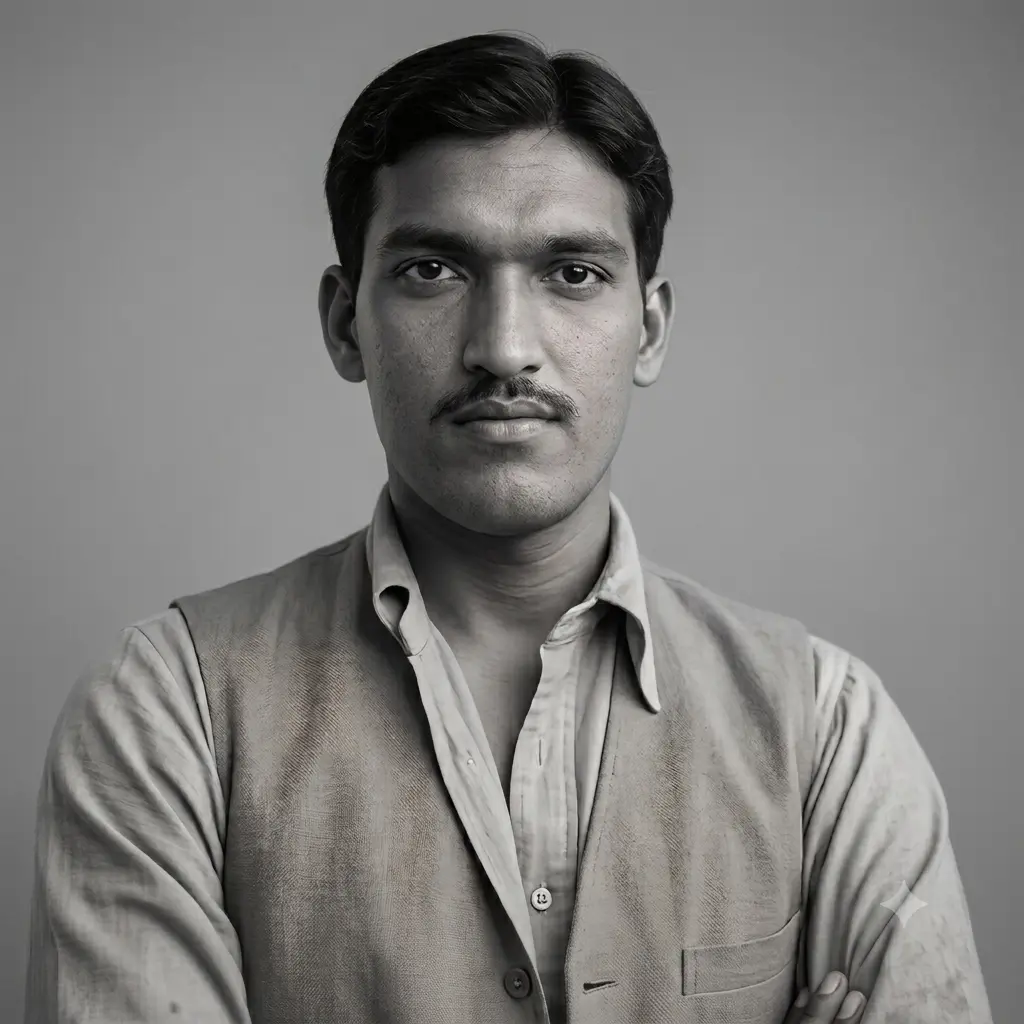 AI-generated impression: Portrait of Ashfaqulla Khan as a young man, moustached, arms folded, wearing a light kurta and waistcoat over a collared shirt, against a plain grey background