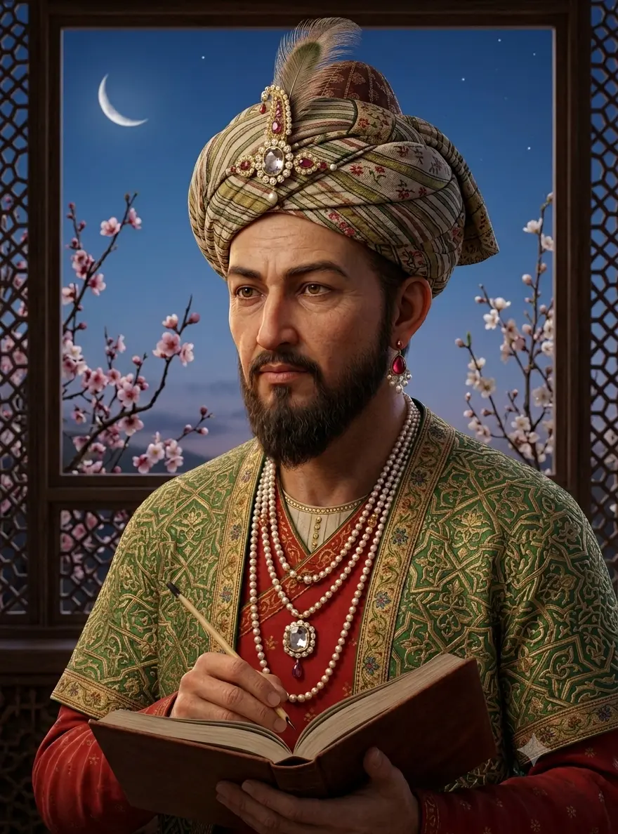AI-generated impression of a bearded man in a patterned turban with a jewelled ornament and feather, wearing a green embroidered robe over red with layered pearl necklaces, holding a pen and open book before a latticed window at night