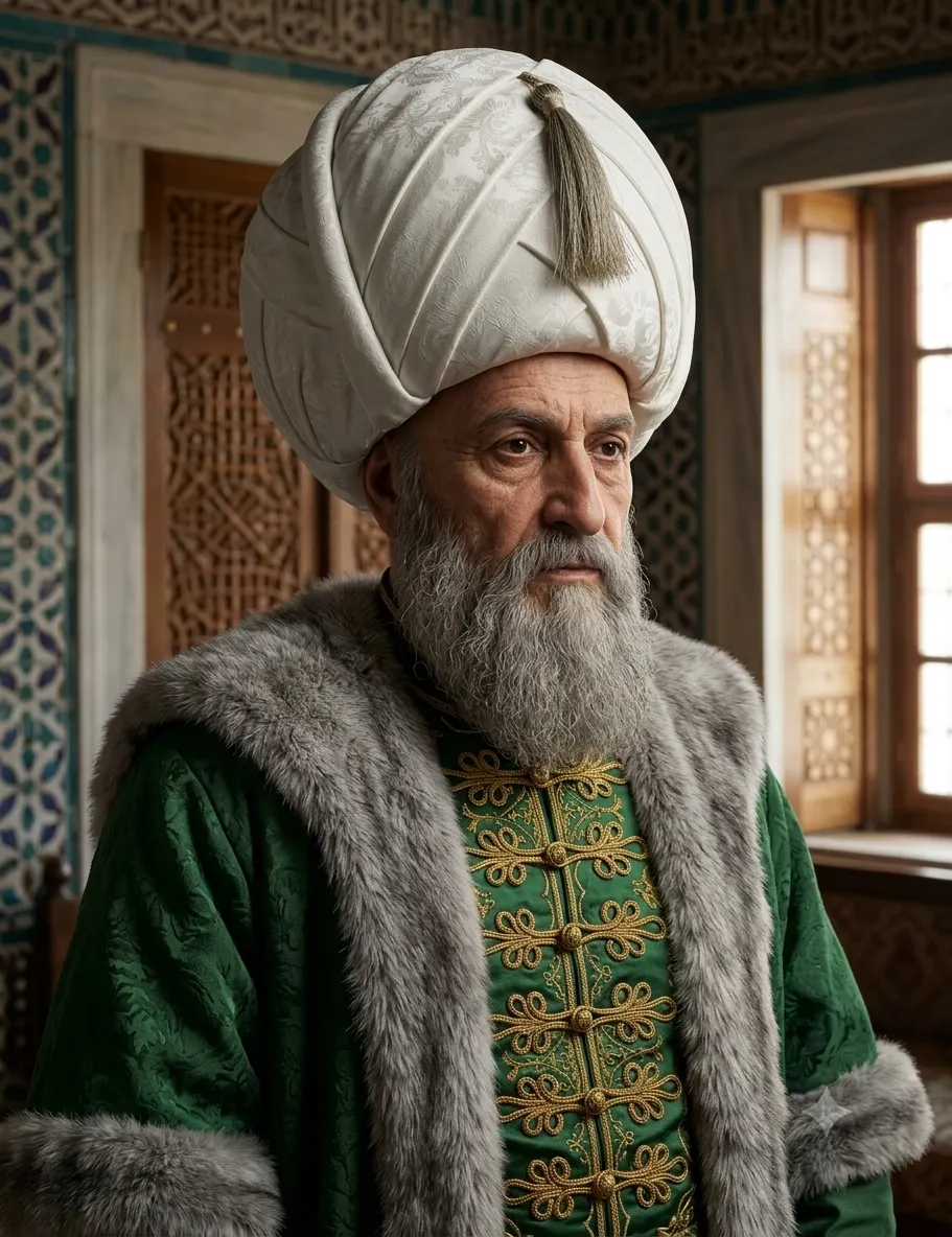 AI-generated impression of an elderly man with a long grey beard, wearing a large white turban with a tassel and a green gold-frogged robe under a grey fur-trimmed coat, standing in a tiled room with carved wooden shutters
