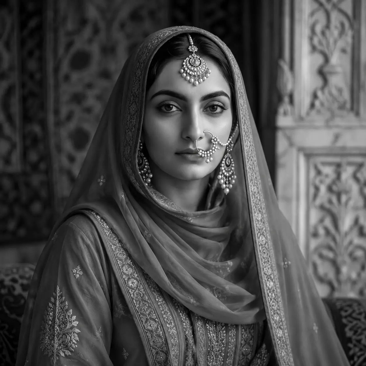 AI-generated impression: Portrait of a nineteenth-century North Indian noblewoman in a deep-green gold-embroidered outfit and matching veil, wearing pearl and gold jewellery including a maang tikka, nose ring, and layered necklaces, seated in a patterned interior