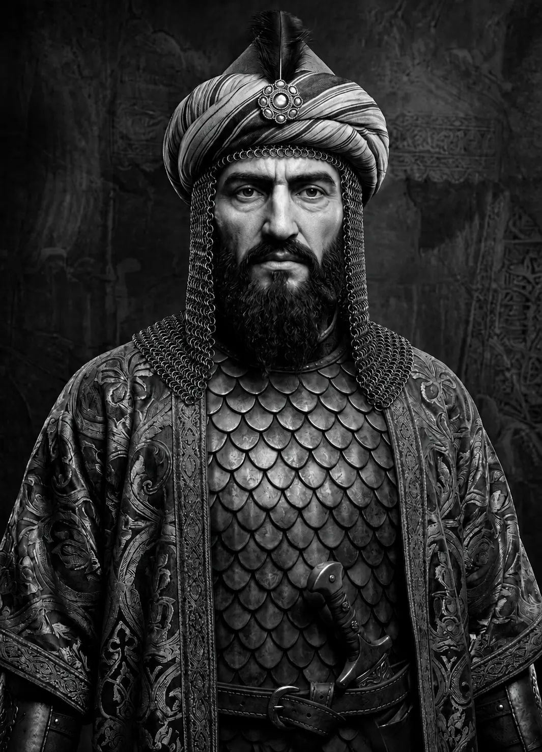 AI-generated black-and-white impression of a bearded warrior in a striped turban with a jewelled ornament and feather, wearing a mail coif and scale armour beneath an embroidered robe with a dagger at the belt