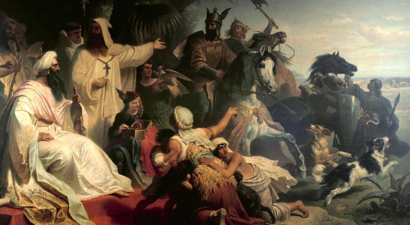 A nineteenth-century oil painting. At the left a bearded ruler in white robes and a white turban sits on a red carpet with attendants behind him; before him a bearded man in a white hooded robe with a cross on his breast gestures towards helmeted horsemen on rearing horses, while figures in the foreground hold an open casket and a falcon, two dogs run at the right, and the sea stretches behind
