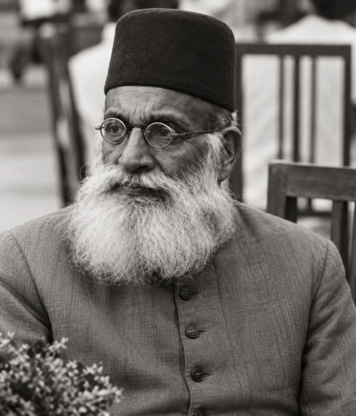 AI-generated impression: Monochrome close portrait of an elderly man with a full white beard and round wire-rimmed spectacles, wearing a dark flat-topped cap and a light textured closed-collar coat buttoned down the front, seated outdoors with wooden chair backs and a blurred gathering behind him and sprigs of small flowers in the lower left corner