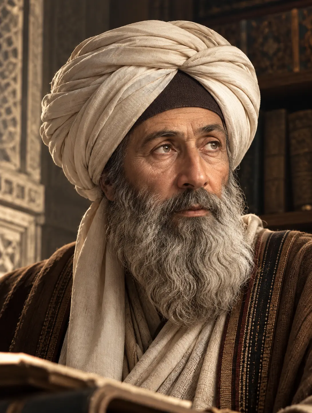 AI-generated impression: Portrait of an elderly man with a full grey beard, wearing a cream turban wound over a dark cap, a cream shawl and a brown striped robe, with an open book before him, a carved lattice screen at one side and shelves of bound volumes behind