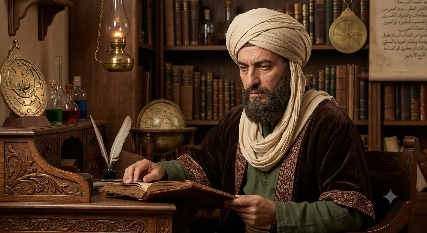 AI-generated impression: Imagined portrait of a bearded scholar in a cream turban and green robe with an embroidered mantle, seated at a carved wooden desk reading a book, surrounded by an astrolabe, glass flasks, a globe, and bookshelves