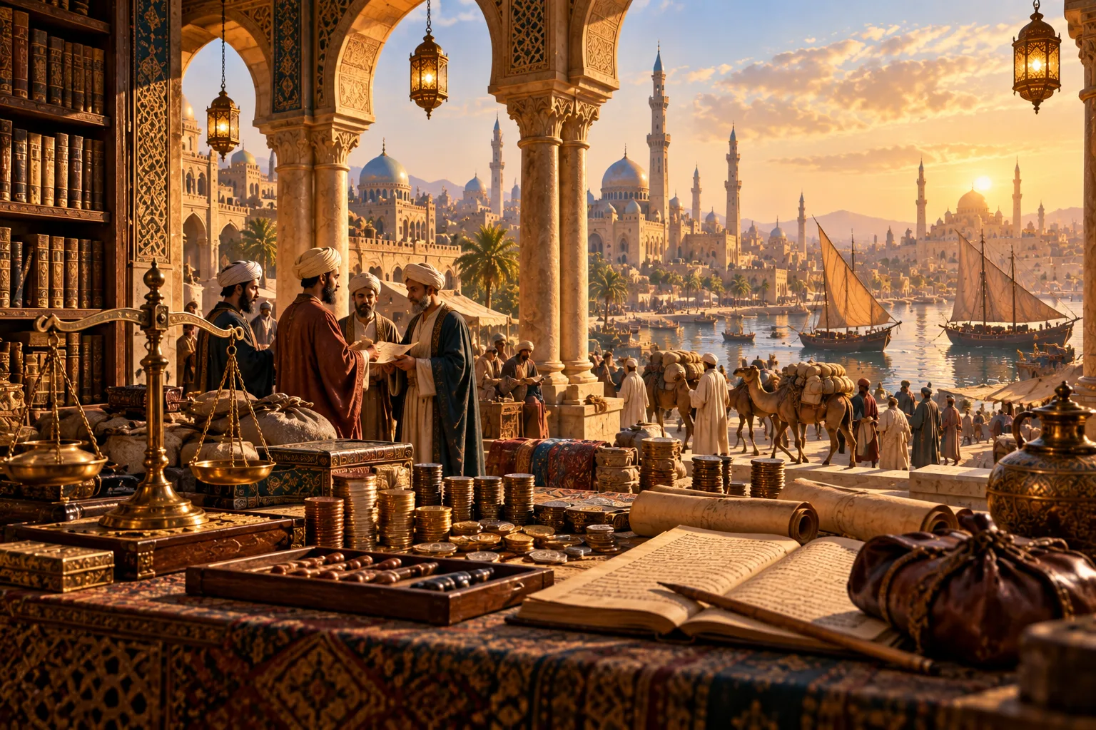 AI-generated impression: merchants in an imagined medieval market exchanging coins and a ledger beside a brass balance scale, stacked coins, a backgammon-style board and open account books, with a caravan of laden camels and a domed city on a waterfront behind them