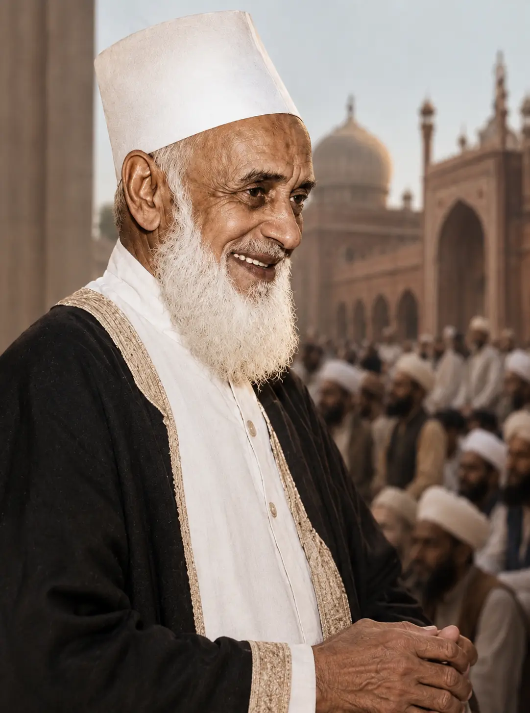 AI-generated impression: An elderly scholar with a white beard, wearing a tall white cap, a white kurta with an embroidered shawl and a dark robe, standing before a domed mosque with a gathering of men behind him