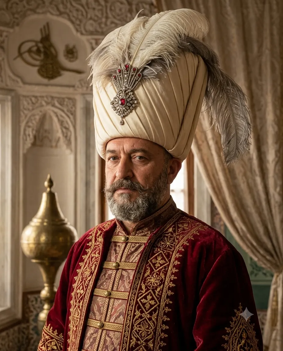 AI-generated impression of a bearded man in a tall white turban with a jewelled brooch, wearing a cream gold-embroidered robe over a maroon under-robe, holding a gold-topped ceremonial staff, seated in a palace interior with a domed building visible through the window behind him