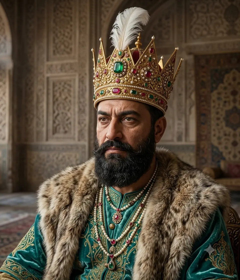AI-generated impression of an older man with a long grey-streaked beard in a green-and-gold turban with a jewelled ornament, wearing a deep-red gold-embroidered robe with layered gem necklaces, seated on a carved wooden throne