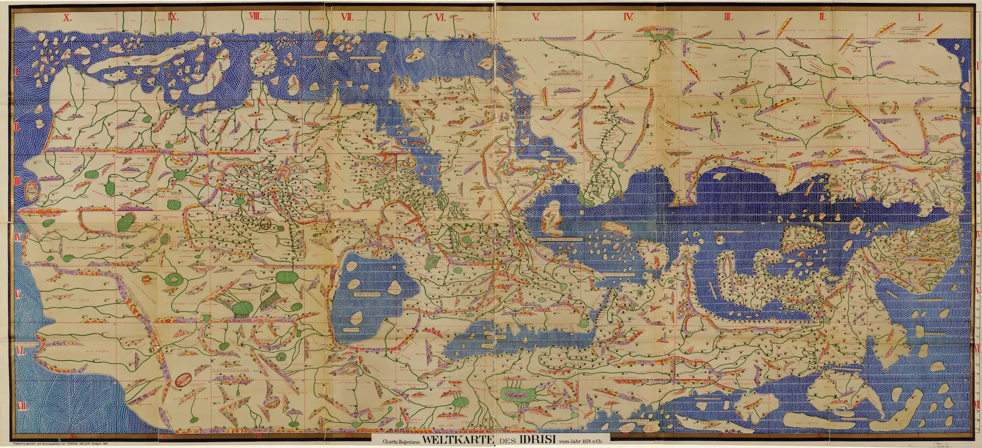 A wide, detailed medieval-style world map divided into ten vertical sections, densely annotated in Arabic, with green landmasses, blue seas, and red administrative grid lines, oriented with south at the top