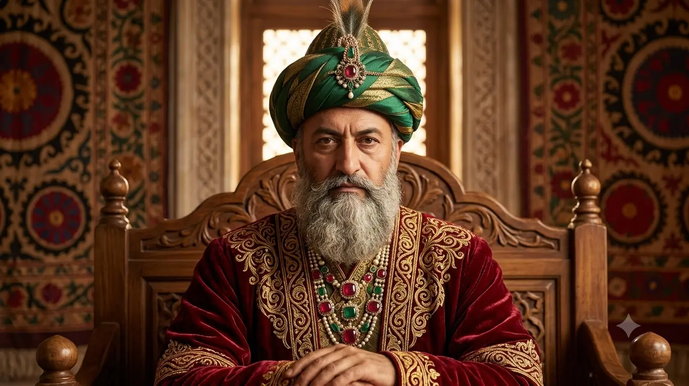 AI-generated impression of a bearded man in a tall jewelled gold crown with a white plume, wearing a fur-collared teal-and-gold robe with pearl and gem necklaces, seated in an ornate carved interior