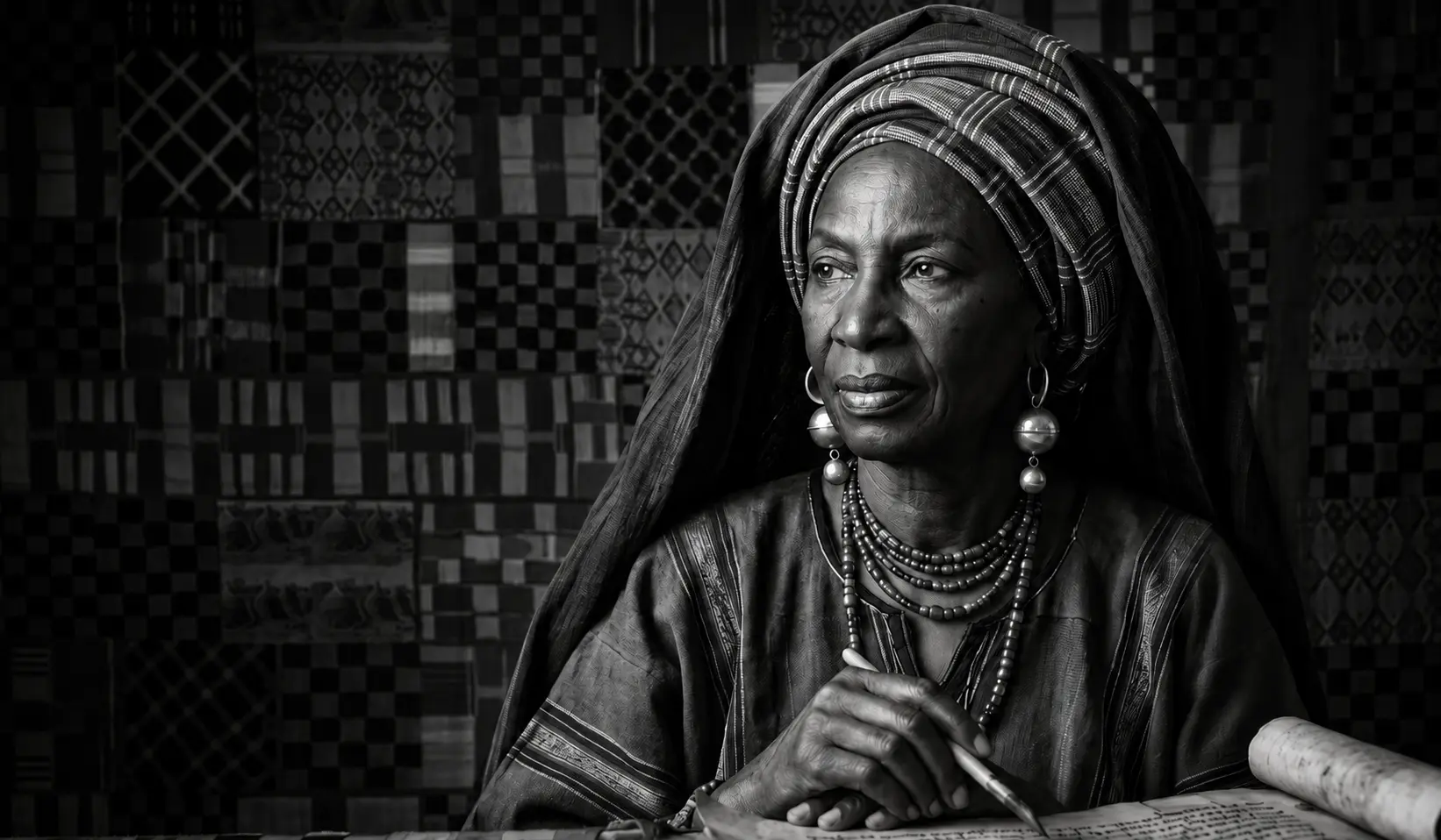 AI-generated black-and-white impression of an elderly West African woman in a striped head-wrap and robe with silver earrings and beaded necklaces, holding a pen over a manuscript