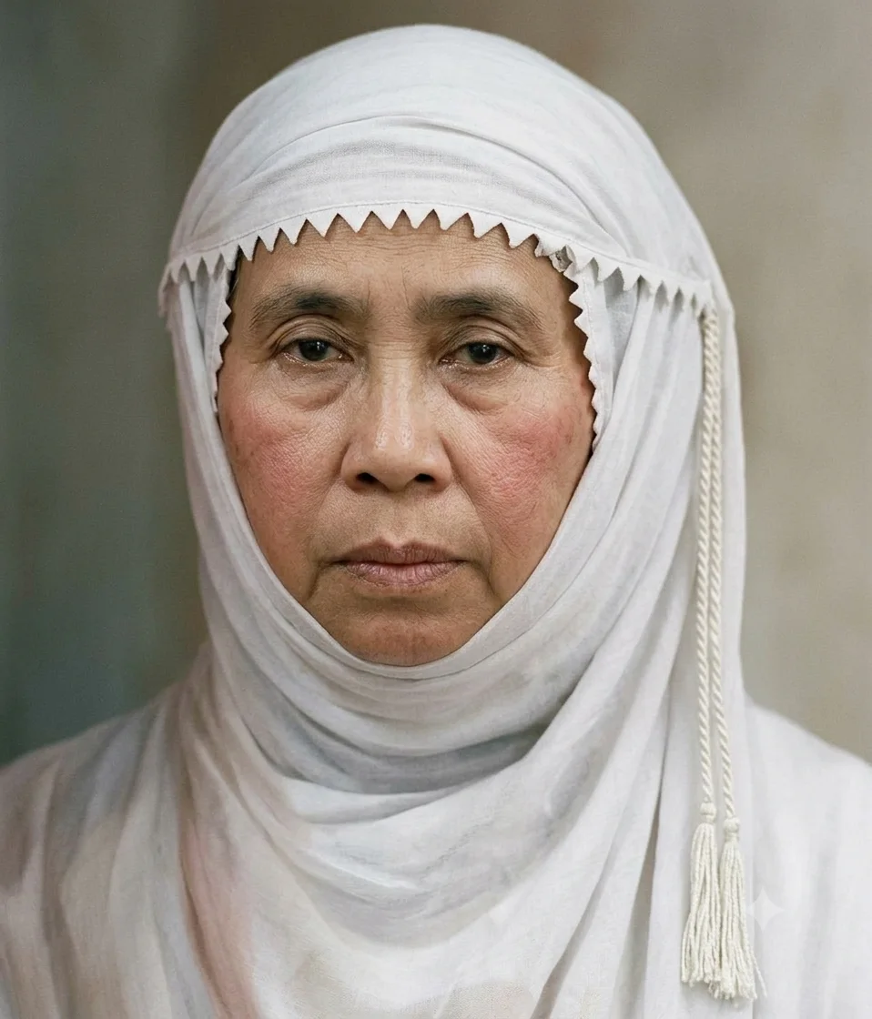 AI-generated impression: Portrait of Nyai Ahmad Dahlan as an elderly woman in a white head covering with a zigzag-edged trim framing her face and a tasselled cord falling at one side, the cloth draped over her shoulders, against a muted grey background