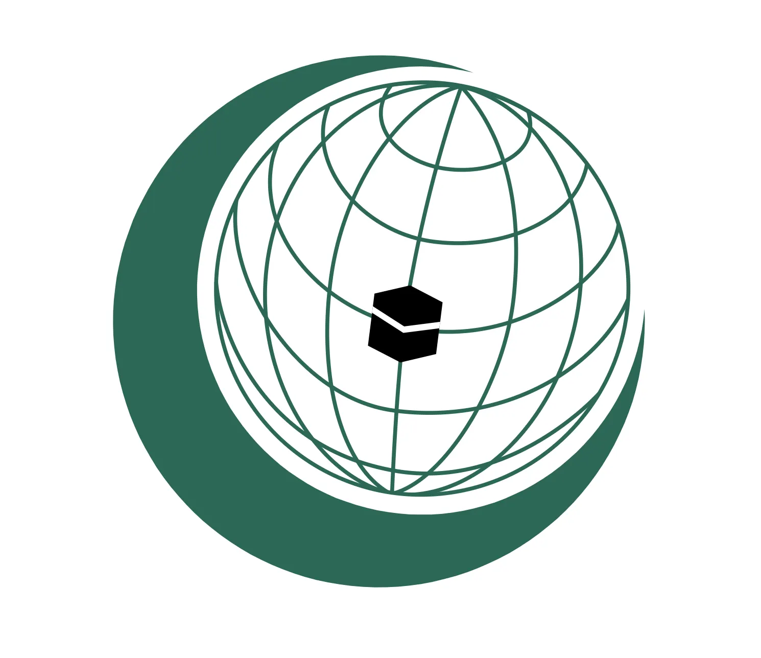 The official emblem of the Organization of Islamic Cooperation: a green crescent enclosing a gridded globe with a black representation of the Kaaba at its centre, on a white background