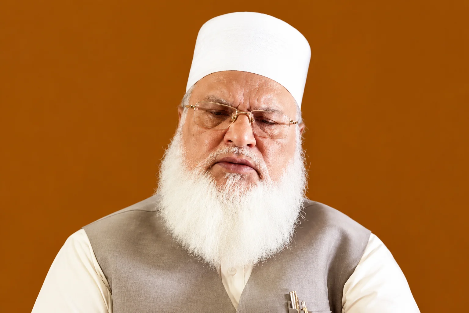 Studio portrait of an elderly man with a full white beard, wearing a tall white cap, gold-rimmed spectacles and a grey waistcoat over a cream kurta, against a plain ochre background