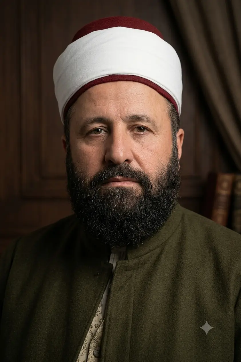 AI-generated impression: A bearded man in early middle age wearing a white cloth turban wound over a dark red cap, in a dark olive woollen robe over a patterned cream undergarment, seated before wood panelling with a drawn curtain and leather-bound books behind him