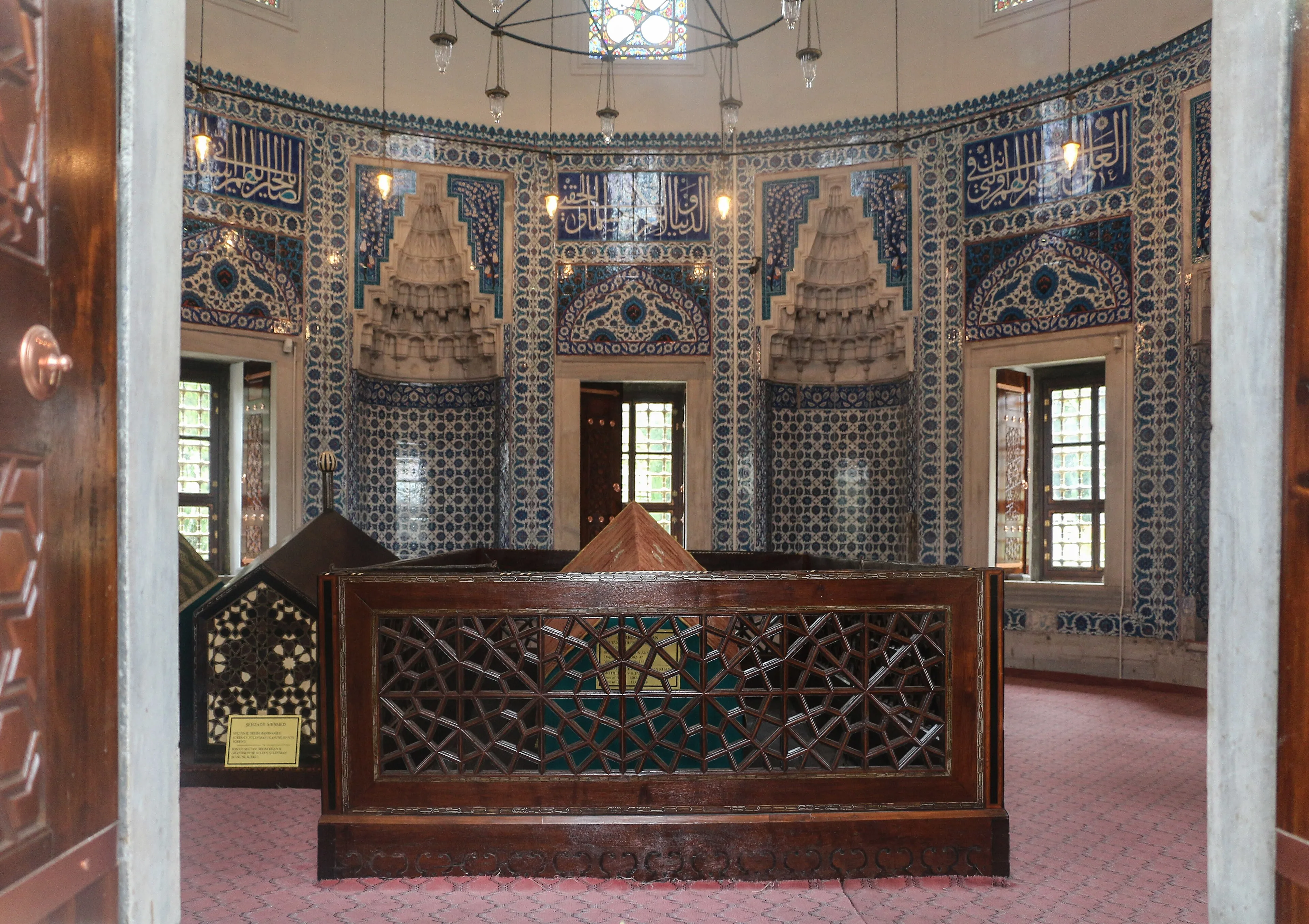 The interior of the tomb of Hürrem Sultan (Roxelana), a separate octagonal mausoleum in the cemetery behind the Süleymaniye Mosque in Istanbul, decorated with Iznik tilework