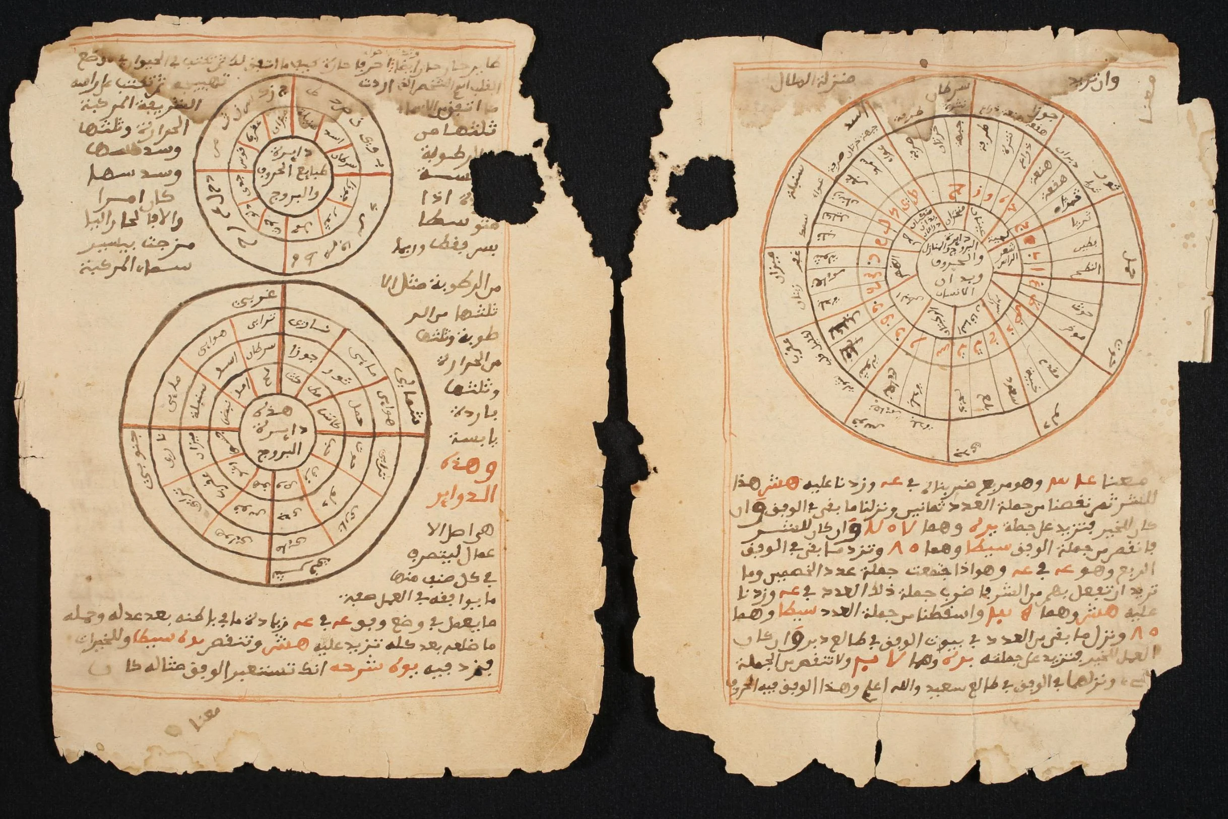 Two worn manuscript leaves side by side on a black ground, written in Arabic in black and red ink; the left leaf has two circular diagrams of concentric rings and the right a larger circle divided into many labelled cells, with lines of text below.