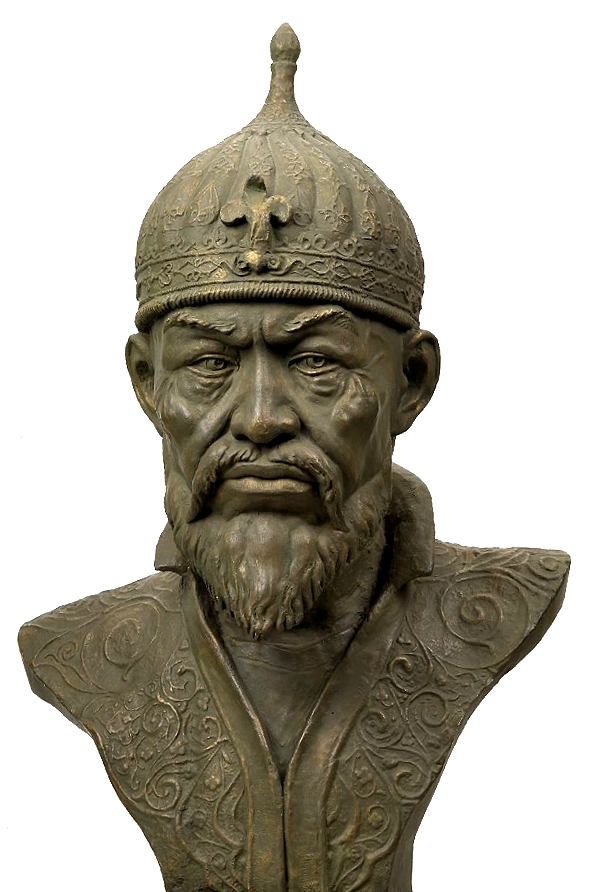 Bronze bust of a bearded man with a stern expression wearing a decorated conical helmet, shown against a plain background