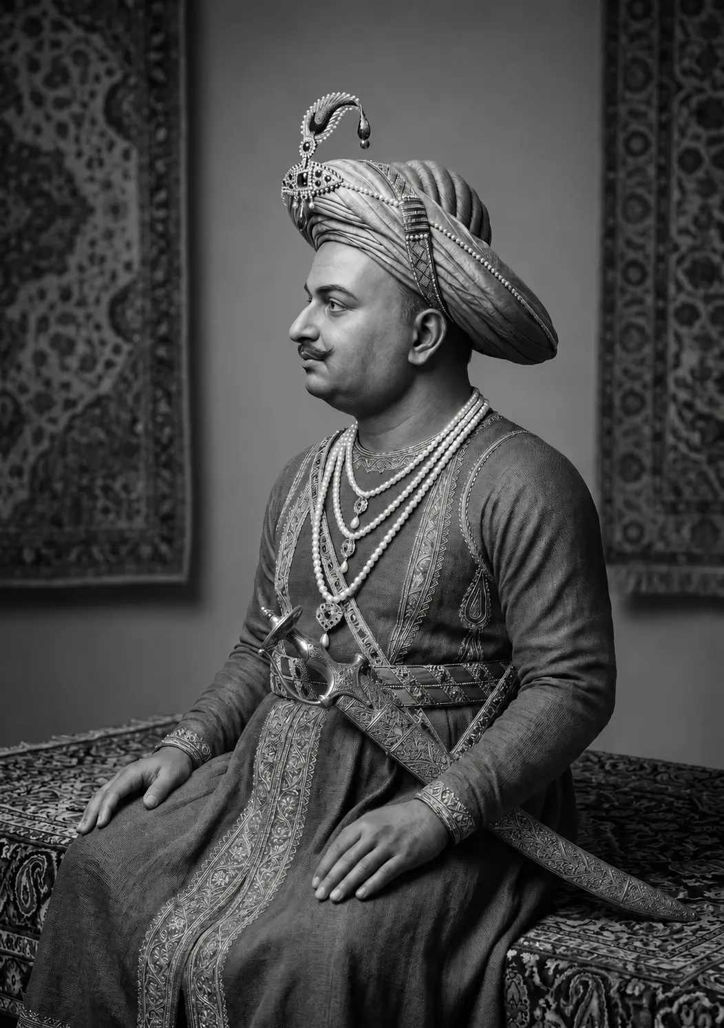 AI-generated impression: Portrait of Tipu Sultan seated in profile on a carpeted platform, wearing a jewelled turban with a pearl and crescent aigrette, strings of pearls, an embroidered jama and a jewelled baldric carrying a curved sword, with patterned hangings behind him