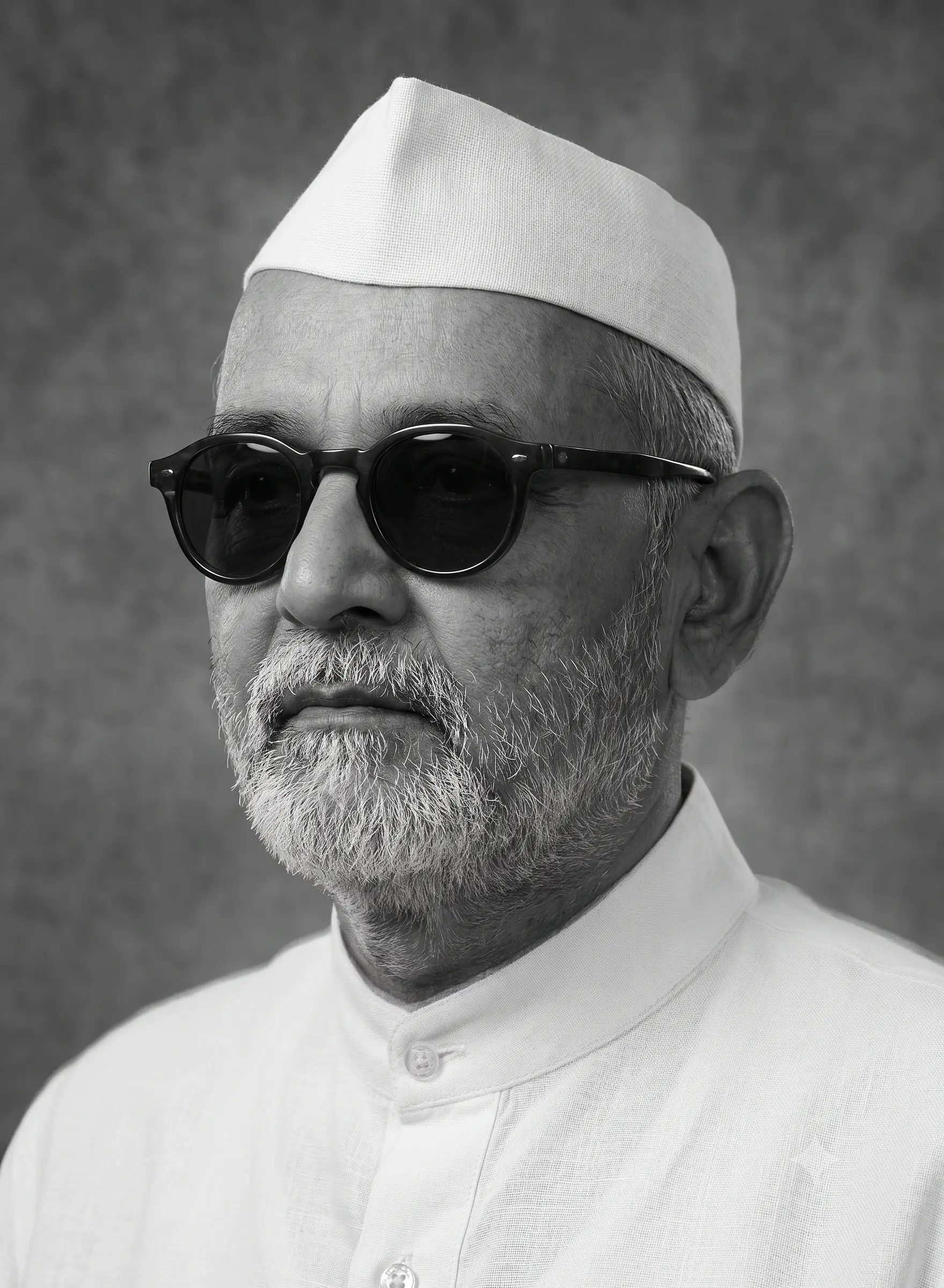 AI-generated impression: Portrait of Zakir Husain wearing a white cap, round dark glasses and a white mandarin-collared kurta, against a mottled grey studio backdrop